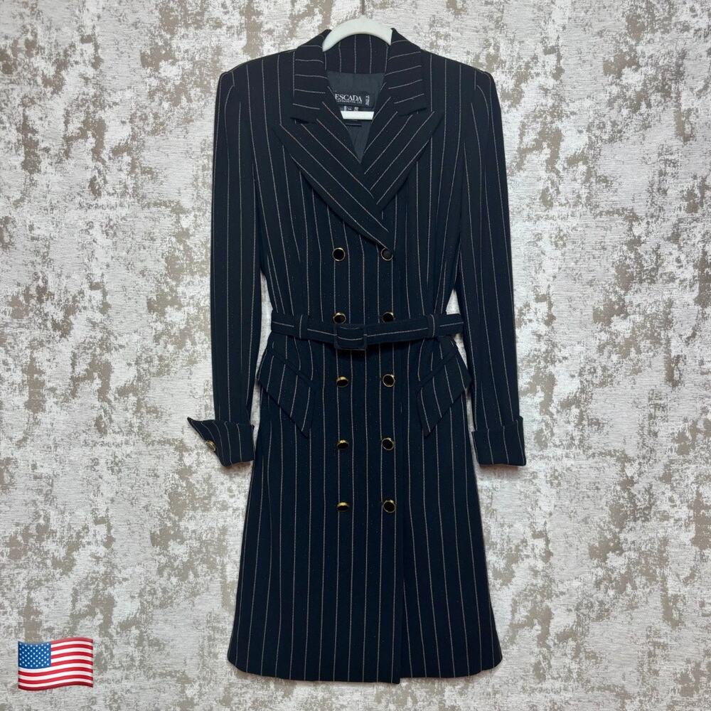 Escada Metallic Pinstripe Double Breasted Suit Dress in Black